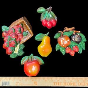 Vintage Chalkware Fruit Wall Set of 5 Hanging Kitschy Paint Kitchen Plaque READ